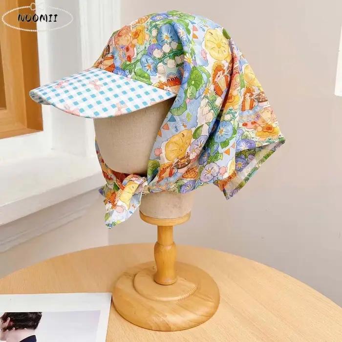 Casquette de baseball multifonctionnelle avec foulard intégré, motifs floral et écossais, coton doux et respirant pour femme toutes saisons activités sportives