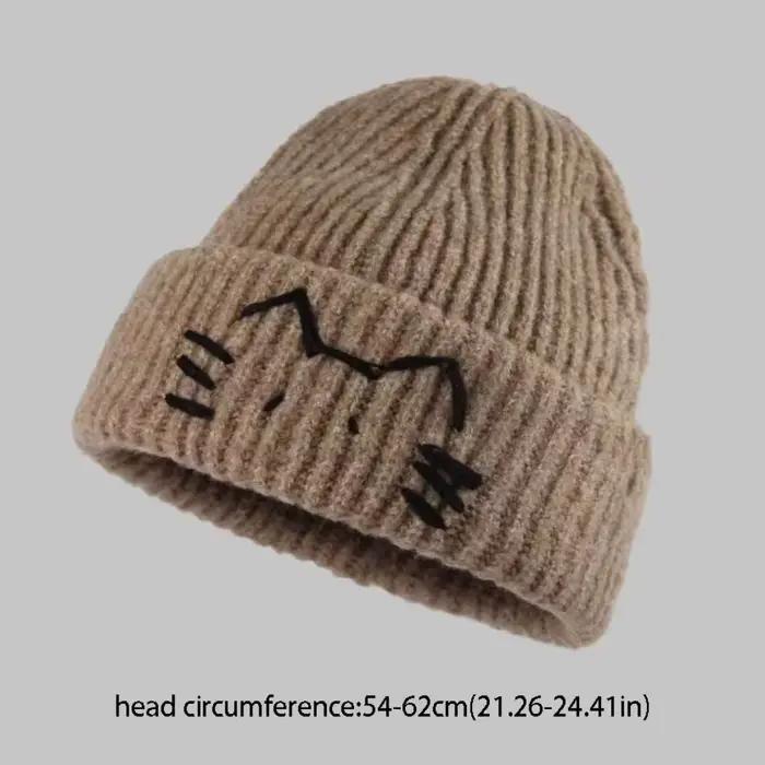 Bonnet tricoté en laine chaude avec motif chaton brodé mignon