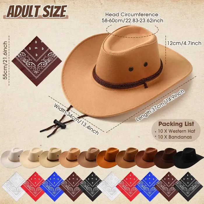 Chapeaux de cow-boy et bandanas multicolores pour fêtes et cosplay occidental pour adultes occasions spéciales