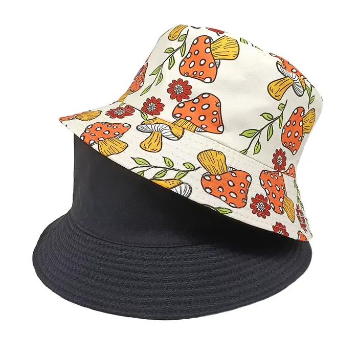 Chapeau Bob Réversible Imprimé Champignons Femme Homme Été Extérieur Protection Solaire