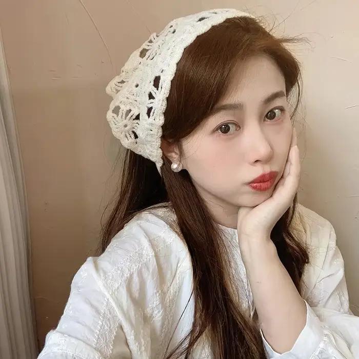 Foulard tricoté chapeau Style pastoral français Triangle bandeau fait à la main Crochet