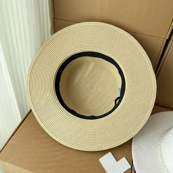 Chapeau de paille rétro de style français avec décoration en perles