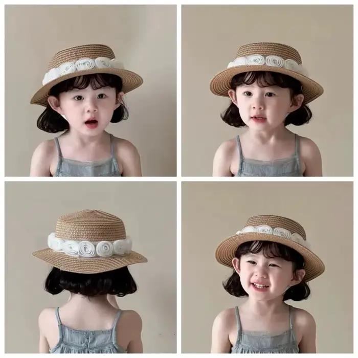Nouveau été bébé casquettes de paille plage française fleur dentelle chapeau