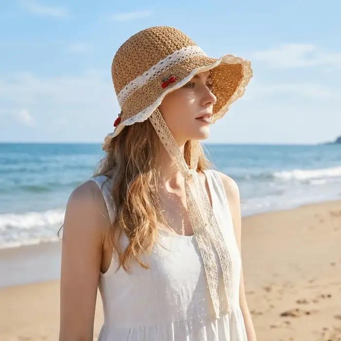 Chapeau de soleil décontracté pour femme brodé cerises style pêcheur pliable pour les vacances été plage ocassions spéciales