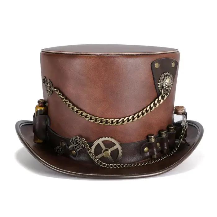 Steampunk industriel rétro casquette en cuir Pu Halloween Cos gothique unisexe Vintage chapeau bouteilles de médicaments balles chaîne d'engrenage décoration