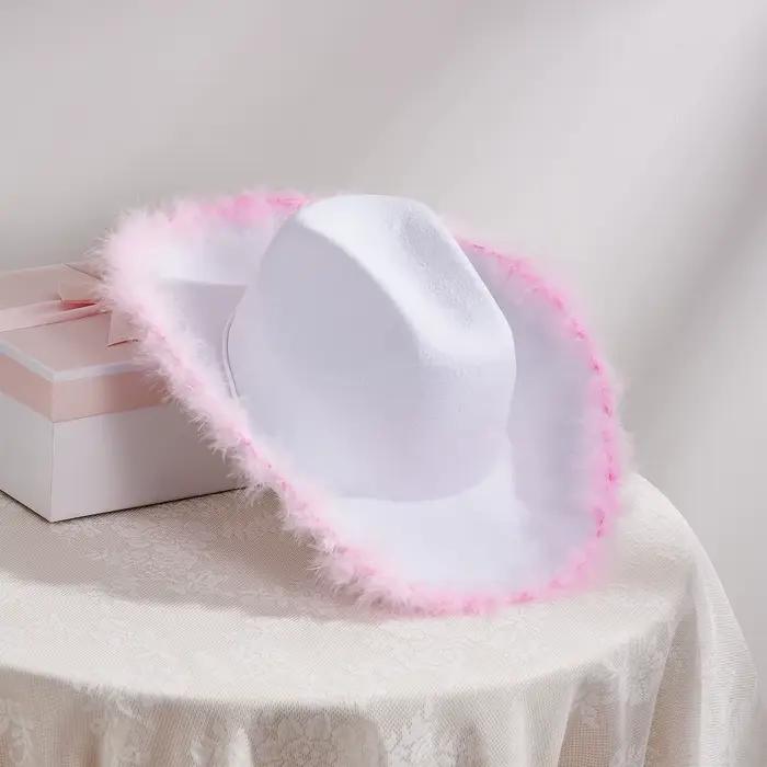 Chapeau de cowgirl FYBITBO bord large garniture fourrure polyester pour femmes soirée robe mariage rendez vous