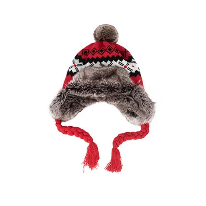 Chapeau d'hiver FS en laine tricotée beige avec pompon en fourrure pour hommes et femmes protection des oreillettes extérieur hiver tricoter bomber帽
