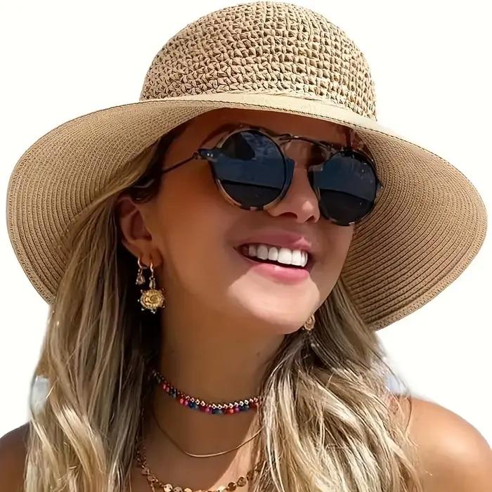 Chapeau d'été en crochet à large bord pour femme, respirant, pliable avec sangle sous le menton, idéal pour les voyages en extérieur