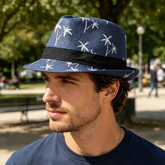 Chapeau de jazz en paille imprimé cocotier style britannique protection solaire plage été hommes adultes blanc beige bleu kaki