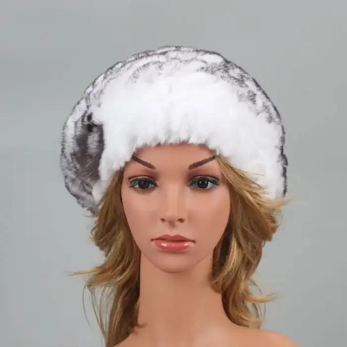 Bérets pour femmes véritable chapeau de fourrure de lapin hiver casual chaud bonnet tricoté pour les filles femme mode en plein air grandes dames Volume chapeaux