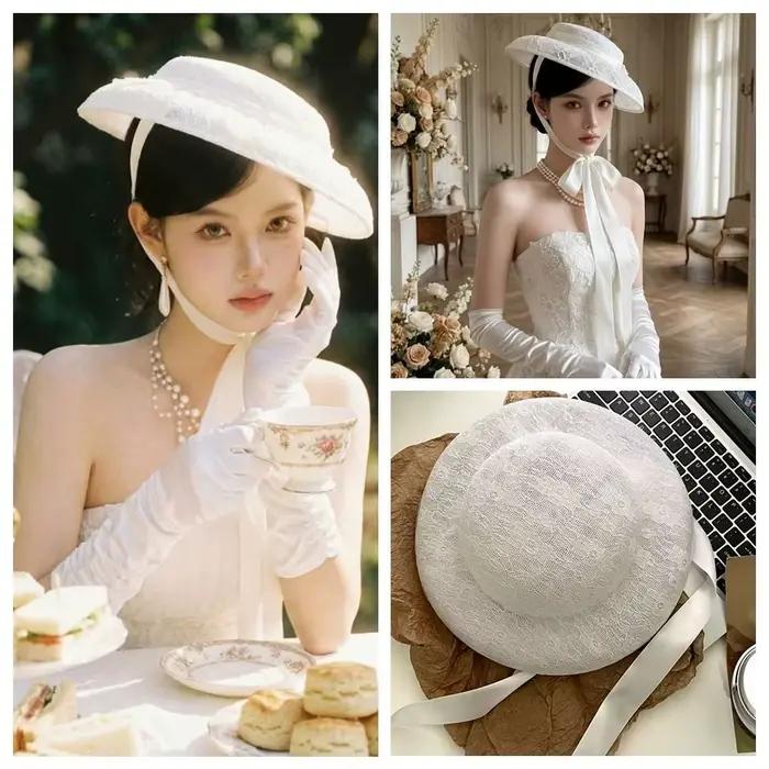 Chapeau Topper en Dentelle Blanche à Nouer