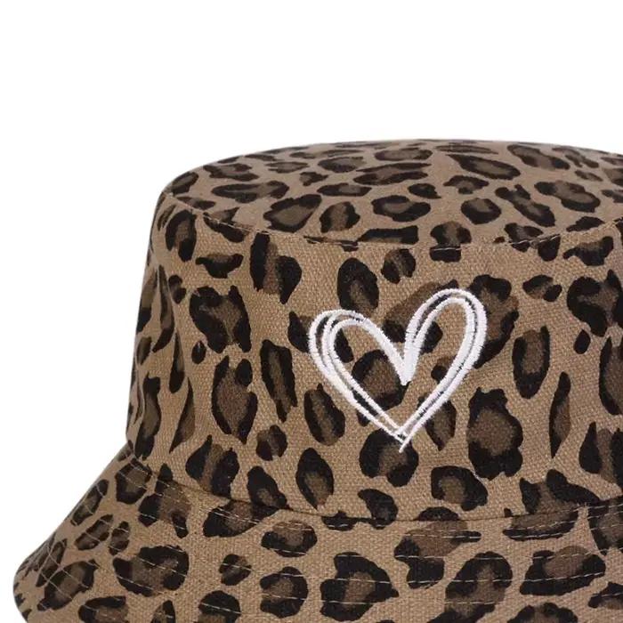 Chapeau de pêcheur Panama unisexe à imprimé léopard et cœurs pour homme et femme, protection solaire, chapeau de seau pour printemps et automne