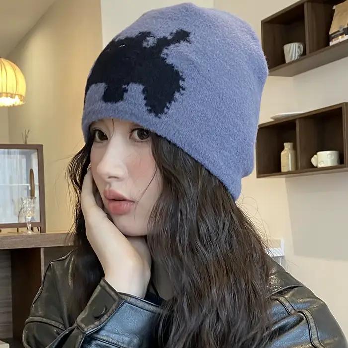 Chapeau tricoté graphique KINIJA pour femmes et hommes, design moderne, accessoire mode coréenne et streetwear, polyvalent et durable pour toutes les saisons