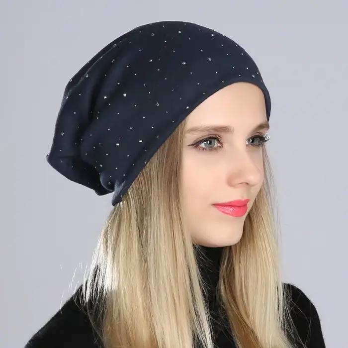 Geebro Bonnet femme avec strass dames printemps couleur unie coton tricoté bonnets amples