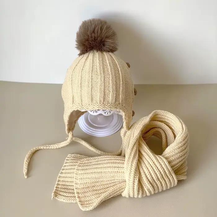 Coréen enfants écharpe chapeau ensembles automne hiver bébé chaud laine tricoté oreille Protection casquette enfant en