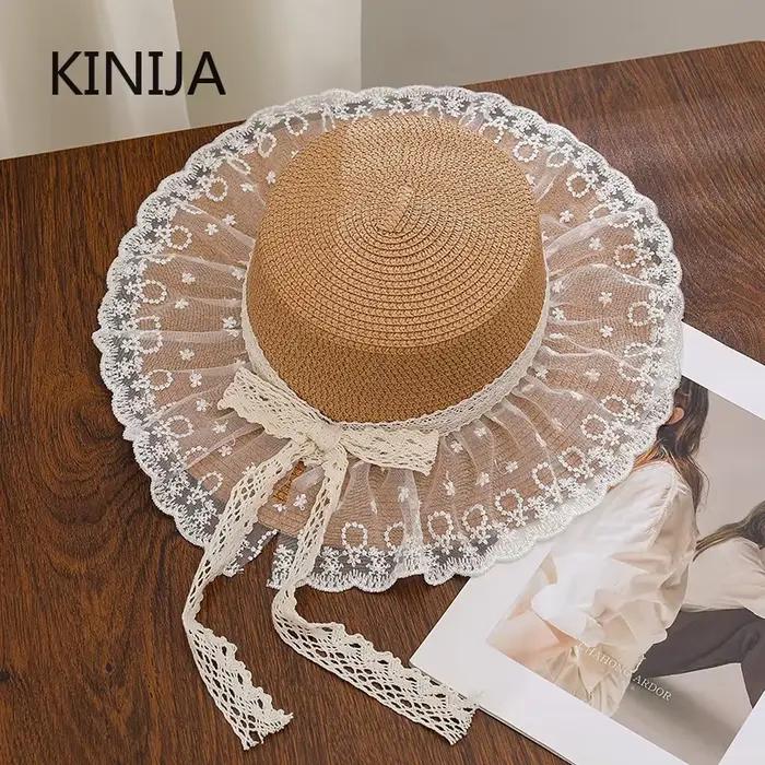 Chapeau de paille tressé à la main avec nœud coréen pour femme