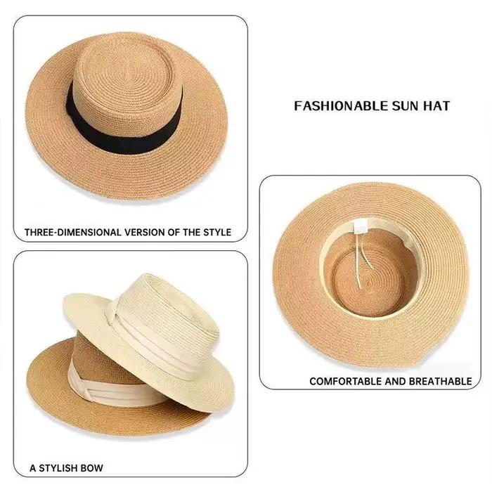 Chapeau de paille pour femme style français calotte plate bord large protection solaire idéal été plage vacances voyages tendance
