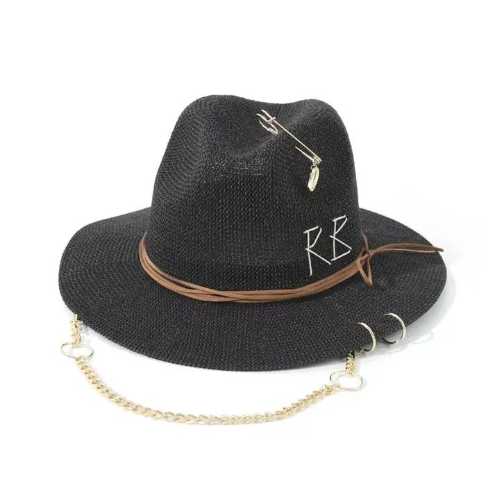 Offres spéciales à la mode métal RB lettre chapeaux de paille pour femmes hommes été vacances en plein air plage