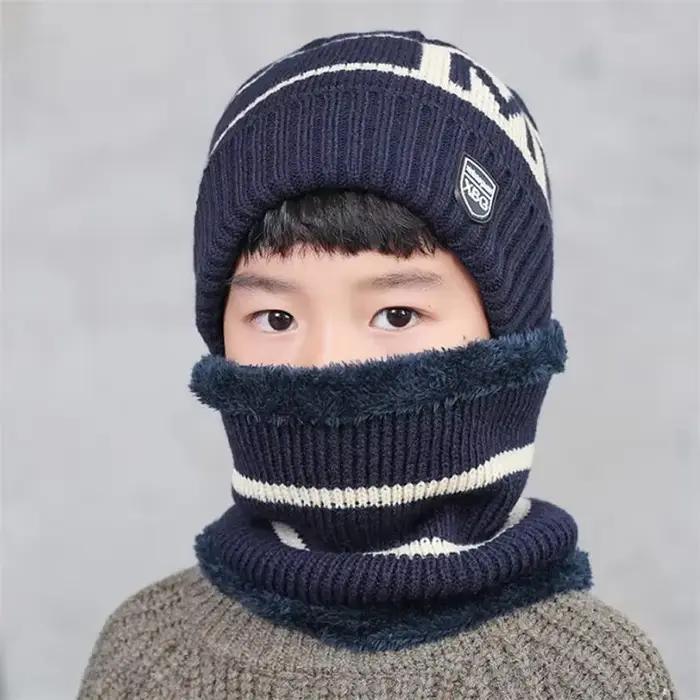 Enfant hiver tricoté chapeau écharpe garçon filles extérieur chaud en peluche bonnets