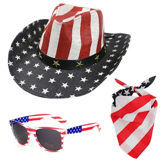Chapeau de cowboy occidental imprimé drapeau américain avec lunettes et foulard carré