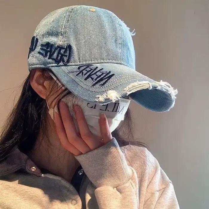 Casquette de baseball vintage pour femme en denim délavé