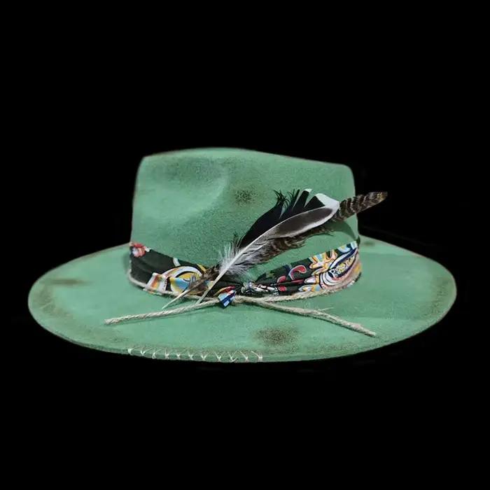 Chapeau haut-de-forme de Style ethnique avec ruban en détresse 100% laine Pure