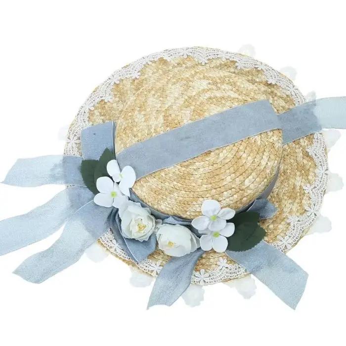 39BD – Bonnet plat léger en paille à fleurs pour filles