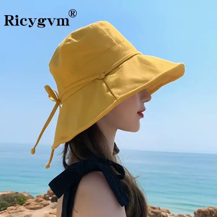 Chapeau de pêcheur pour femme avec nœud grand bord protection solaire visière anti-uv couleur unie extérieur plage été style sport coton polyester