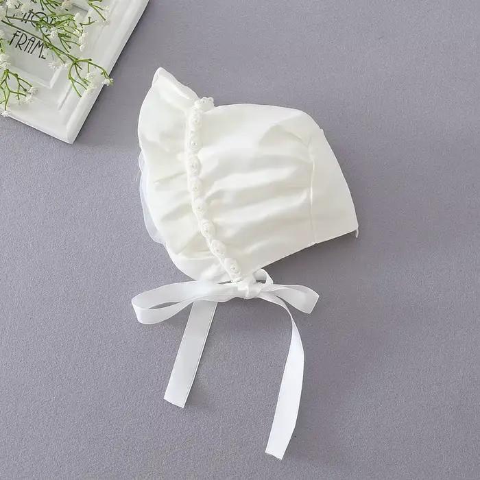 Nouveau chapeau de bébé fleur faite à la main avec perle casquette infantile princesse nouveau-né accessoire pour fête et baptême accessoires 0-12M