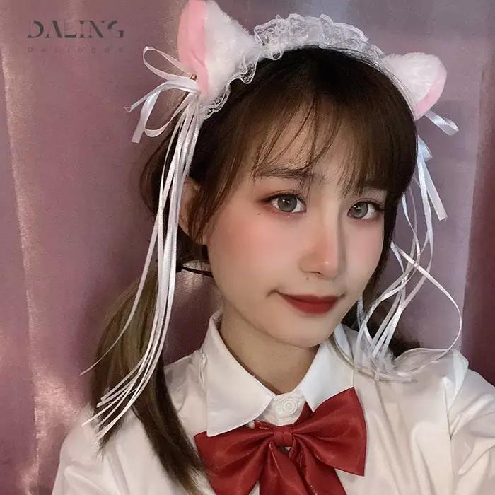 Femmes volants Sexy dentelle bandeau en peluche oreilles de chat ruban cloche Lolita Anime Cosplay cerceau de cheveux