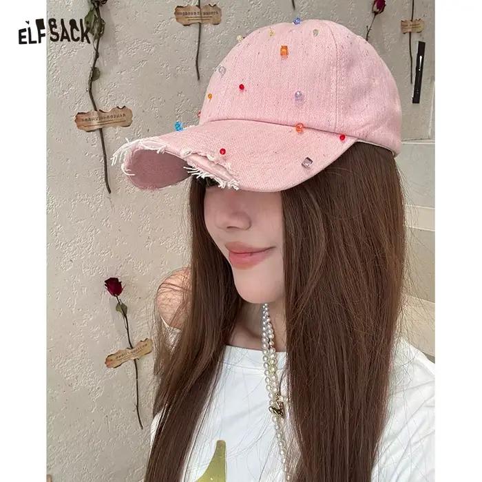 Casquette de baseball ELFSACK en jean déchiré avec perles colorées pour femmes style urbain plage décontracté quatre saisons
