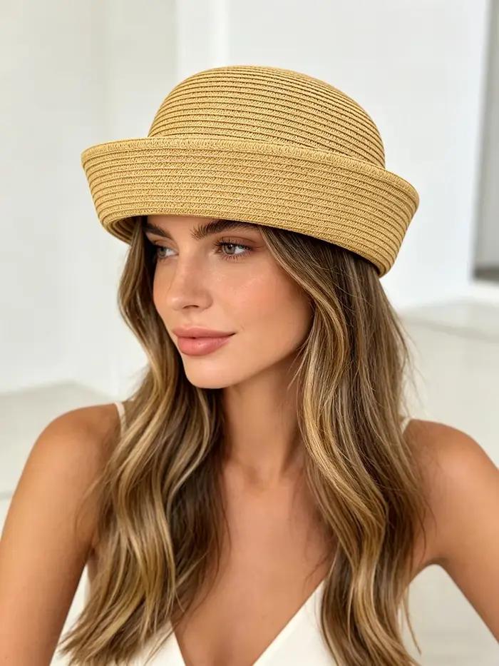 Chapeau de paille style français rétro à bord roulé unisexe pour vacances et occasions spéciales printemps été occidentales
