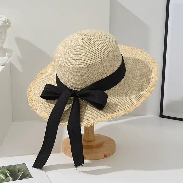Chapeau de plage japonais tout bord poilu casquette de paille femme été plat haut sortie