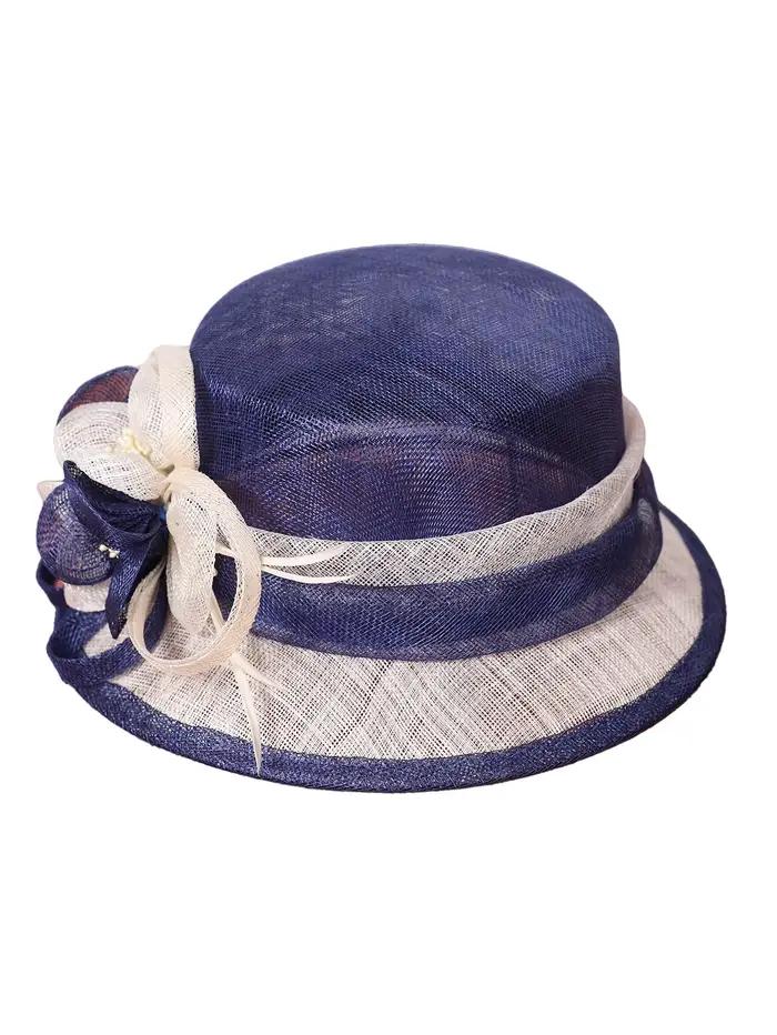 Chapeau Fedora FS en sinamay bleu et blanc pour femme, bord large, fleur ornée, élégant pour mariage, église, courses de chevaux, occasions formelles