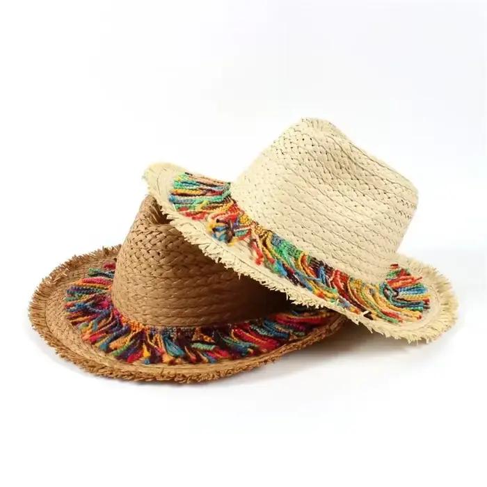 Chapeau de plage en paille avec pompon pour femme