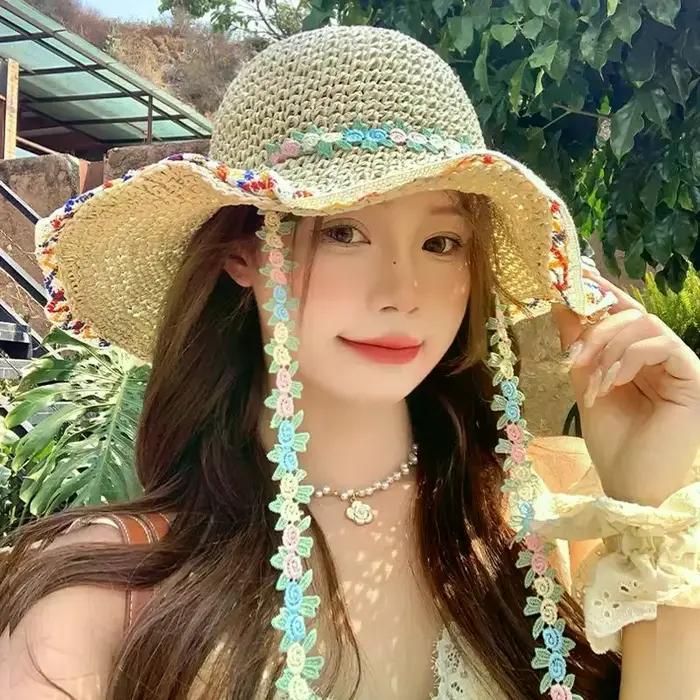 Chapeau de paille coréen à nœud floral pour femme protection solaire été extérieur petits visages