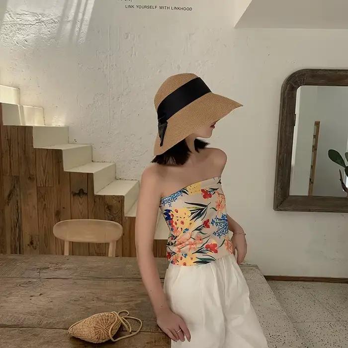 Chapeaux de paille à nœud de ruban noir pliable pour femmes et filles