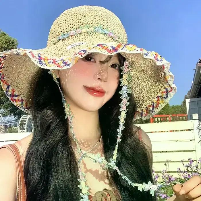 Chapeau de paille coréen à nœud floral pour femme protection solaire été extérieur petits visages