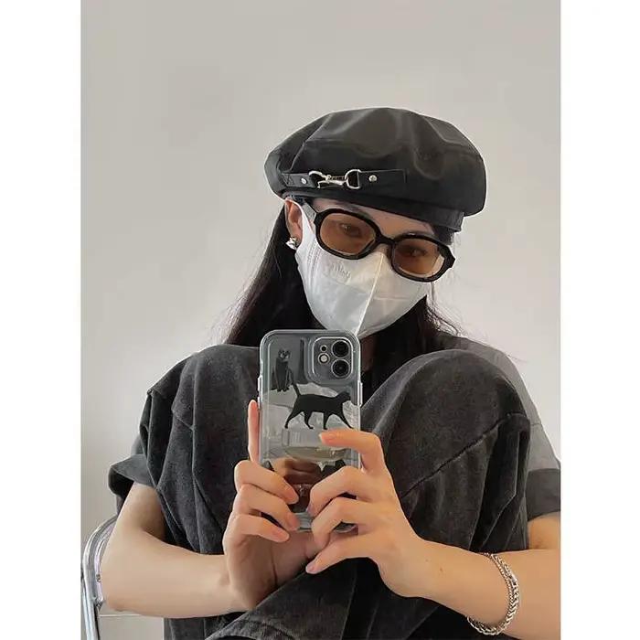 Béret noir à la mode avec chaîne métallique – Chapeau ample réglable et doux pour femmes et hommes