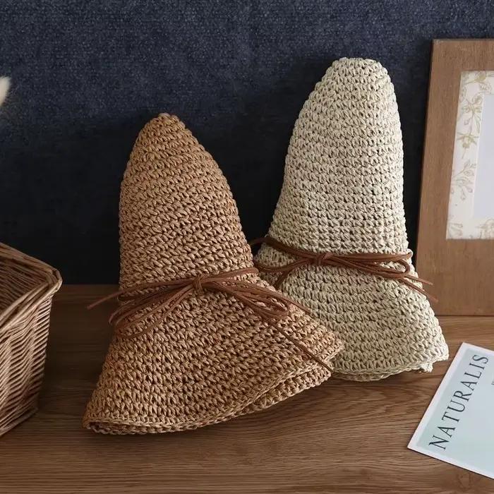 Chapeau de plage d'été en paille et tissu pour femmes – Casquette solaire à large bord avec protection UV pour les aventures extérieures et côtières
