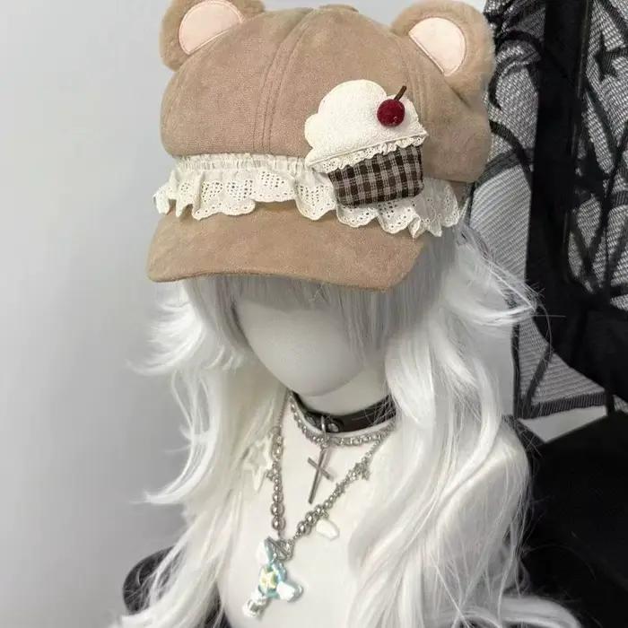 Casquette de baseball en peluche avec oreilles d'ours et dentelle