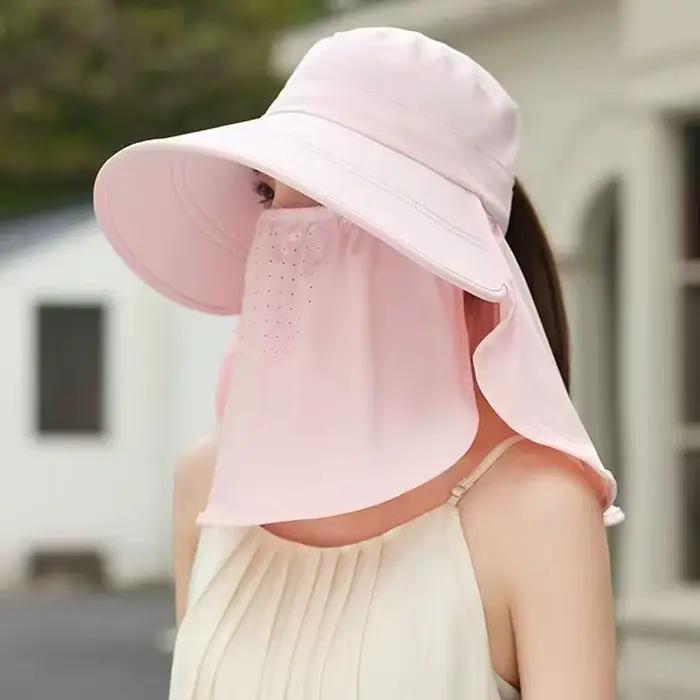 ❃ Chapeau de pêcheur à large bord pliable anti-UV avec masque facial intégré réglable