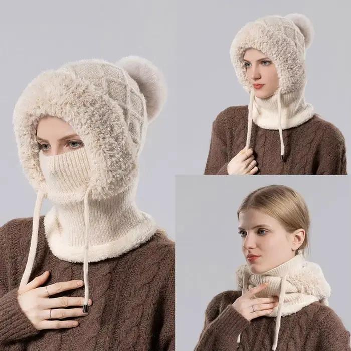 Femmes hiver velours tricoté laine cagoule chapeau Protection des oreilles moelleux
