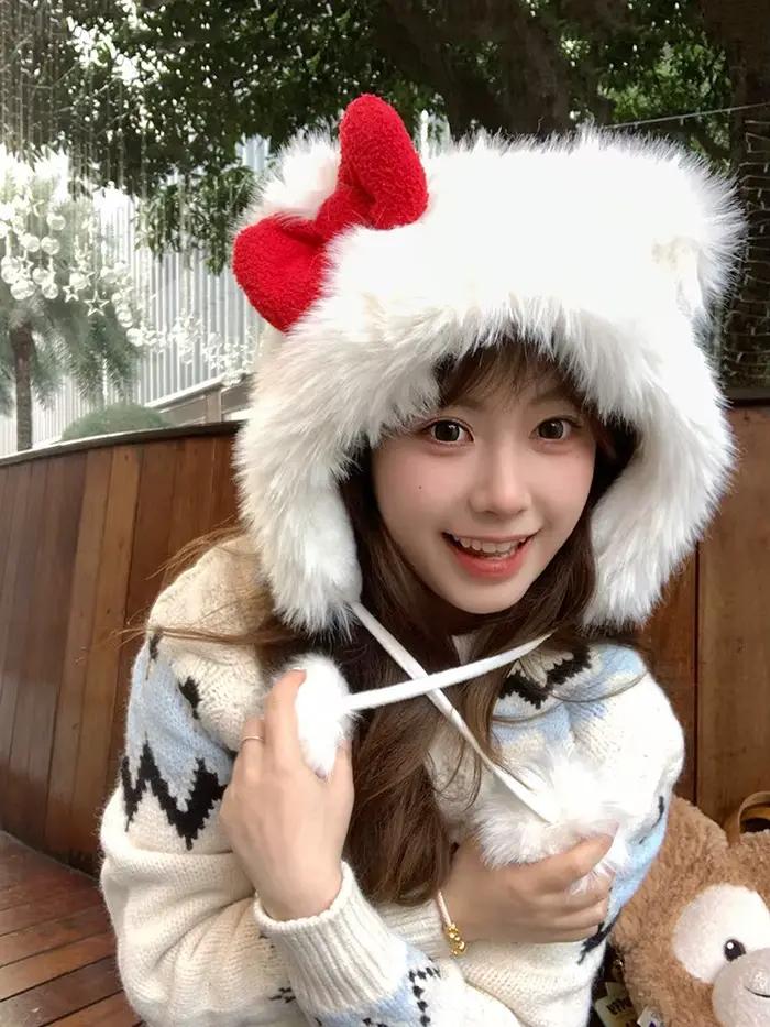 Joli chapeau tricoté Hello Kitty avec nœud