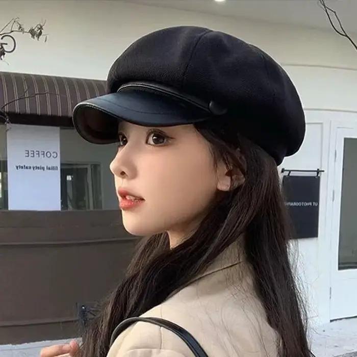 Nouveau chapeau octogonal en laine et cuir pour femmes