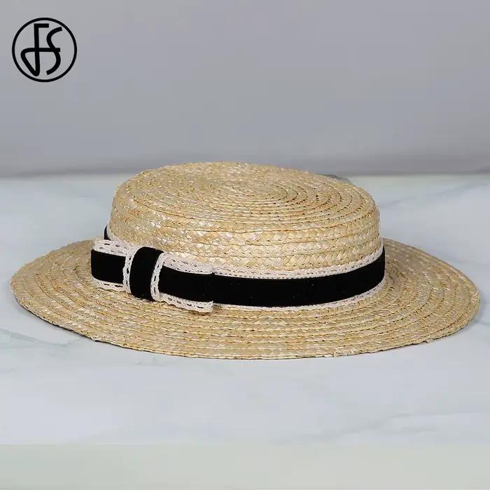 FS chapeau de paille à dessus plat avec velours et ruban au Crochet nœud à bord court Cocktail thé casquette de fête chapeaux fascinateurs pour les femmes 2025