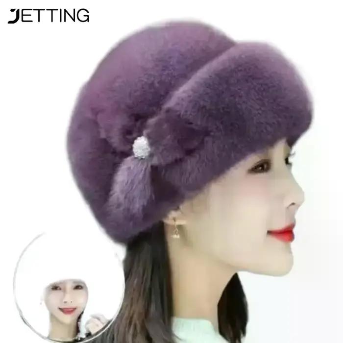 Femme fausse fourrure chapeau d'hiver épaissi garder au chaud casquette d'âge moyen fleur décor seau chapeaux