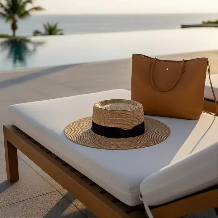Chapeau de paille pour femme style français calotte plate bord large protection solaire idéal été plage vacances voyages tendance