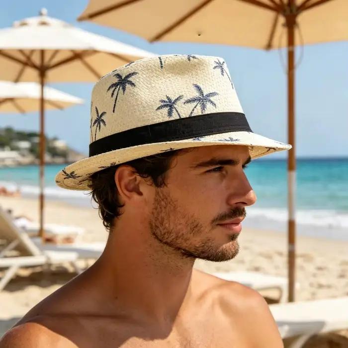 Chapeau de jazz en paille imprimé cocotier style britannique protection solaire plage été hommes adultes blanc beige bleu kaki