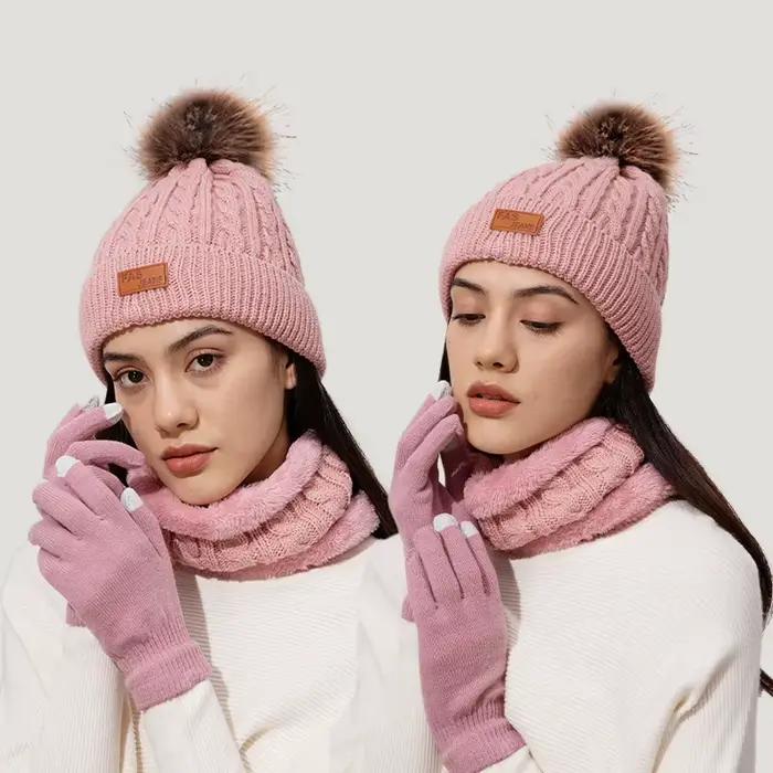 3 pièces/ensemble femmes hiver chapeau écharpe gants fausse fourrure boule adolescente filles tricoté bonnet cou plus chaud costume oreilles chaudes femme casquette ensemble